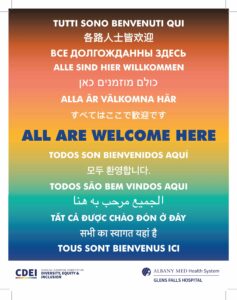 A poster that says all are welcome
